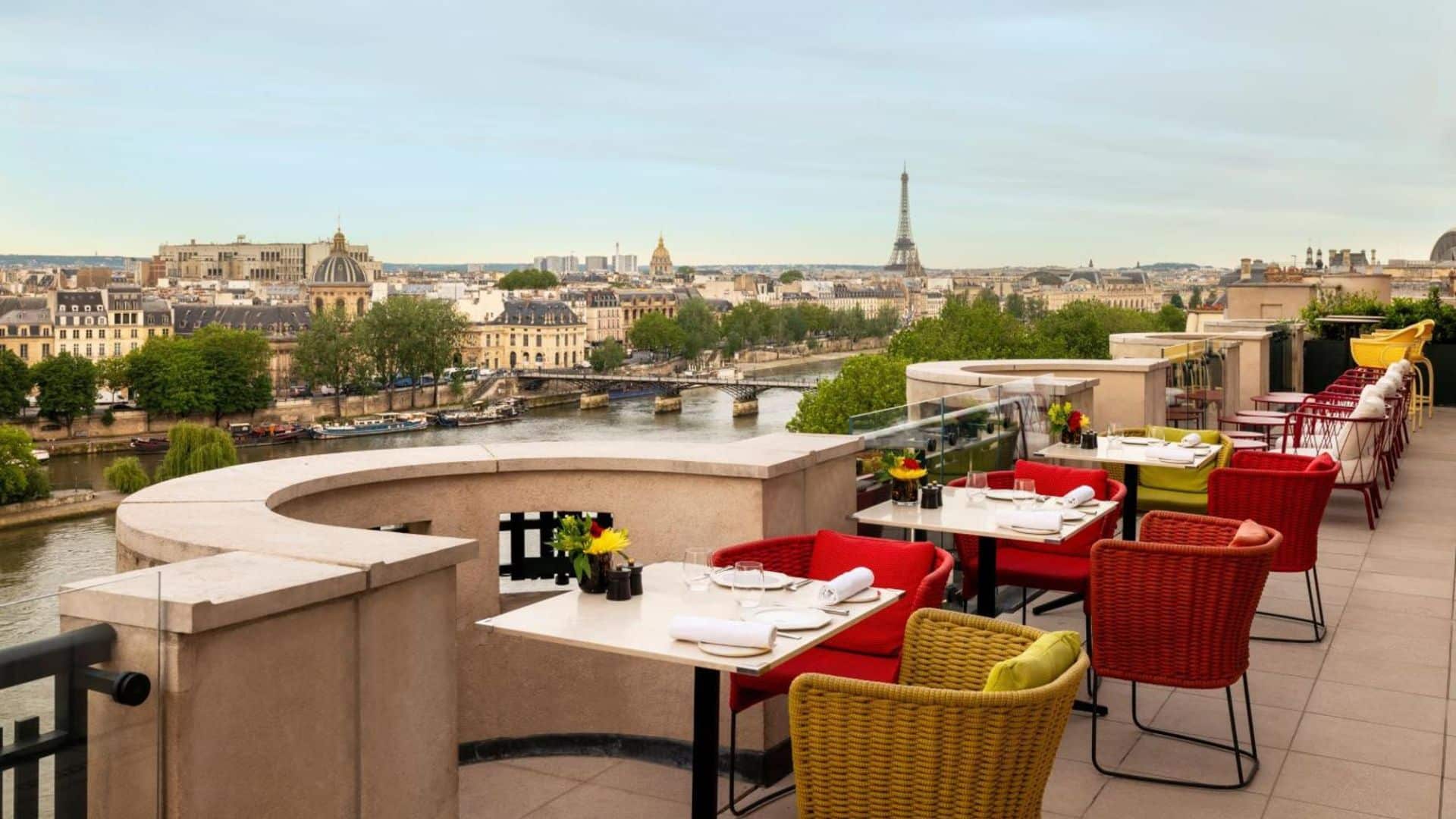 Cheval Blanc Paris luxury hotel terrace overlooking the Seine in the 1st arrondissement