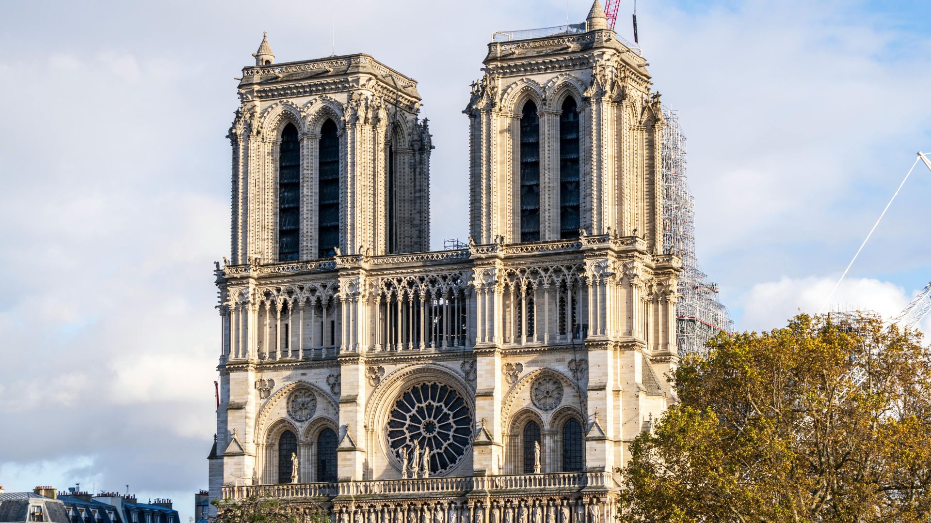 Notre-Dame Cathedral facade with twin towers in Paris near the 1st arrondissement