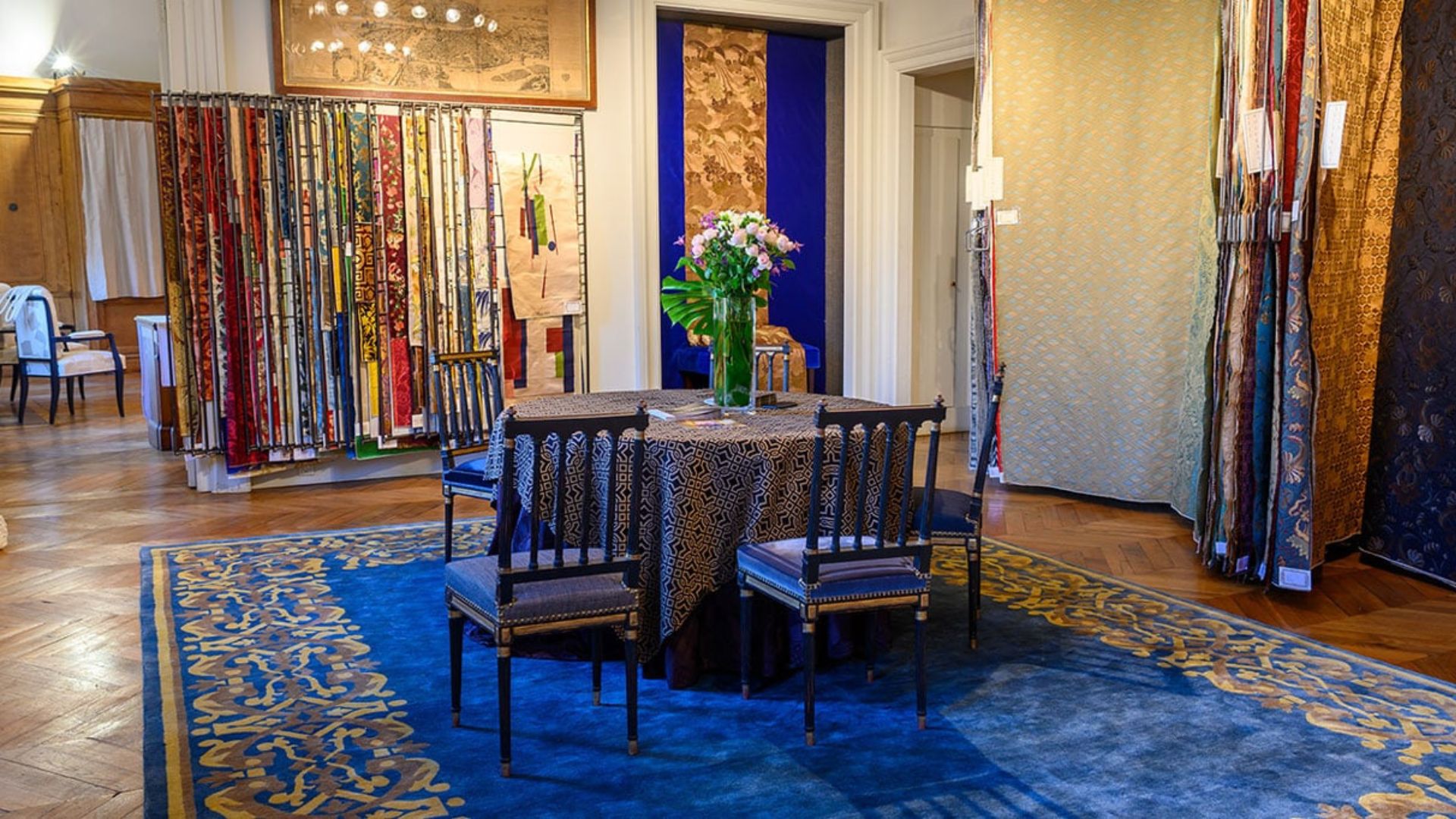 Interior of Prelle fabric house showcasing luxury textiles in Paris 1st arrondissement
