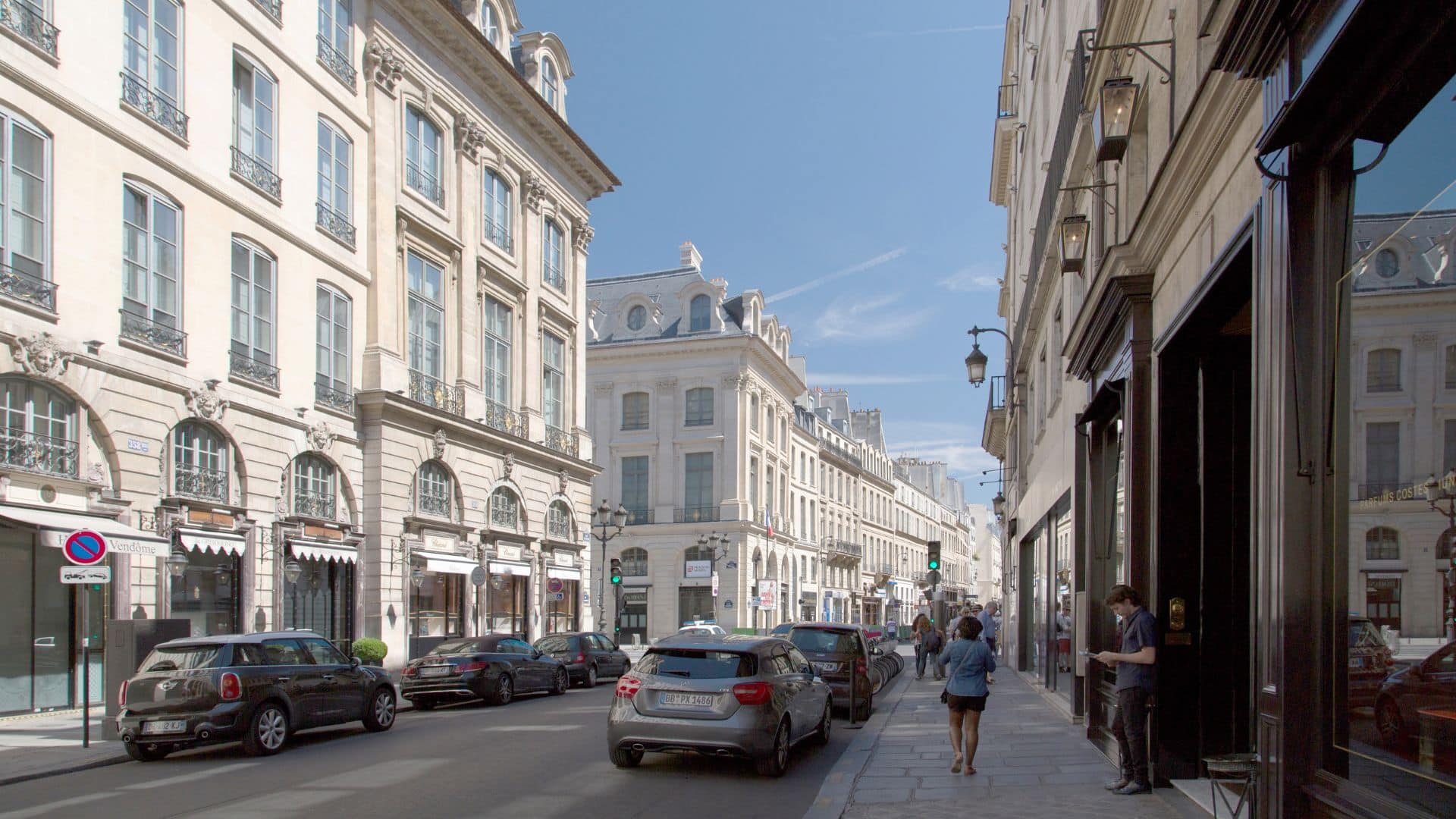 Rue Saint-Honoré with luxury boutiques and historic architecture in Paris 1st arrondissement