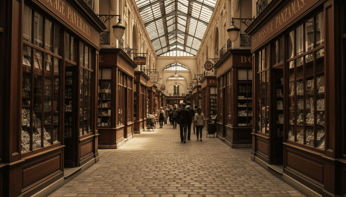 Passage des Panoramas, the oldest covered arcade in Paris, known for its Belle Époque charm and historic boutiques.