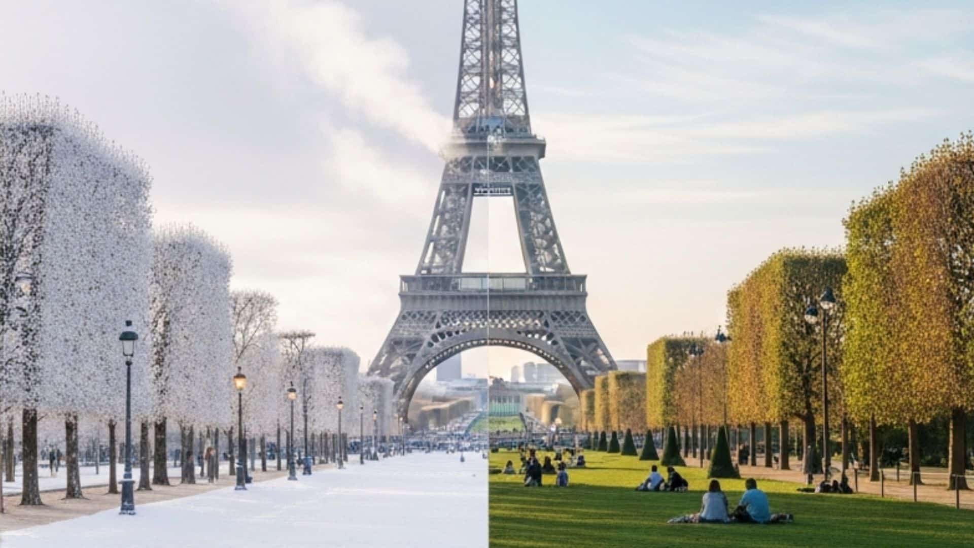 Split-season view of the Eiffel Tower in Paris showing winter snow on one side and summer greenery on the other, illustrating year-round activities in the city.