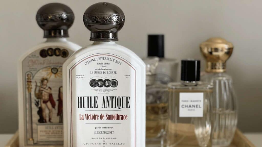 Luxury perfume bottles on a wooden tray, featuring Huile Antique and Chanel, showcasing elegance and style.