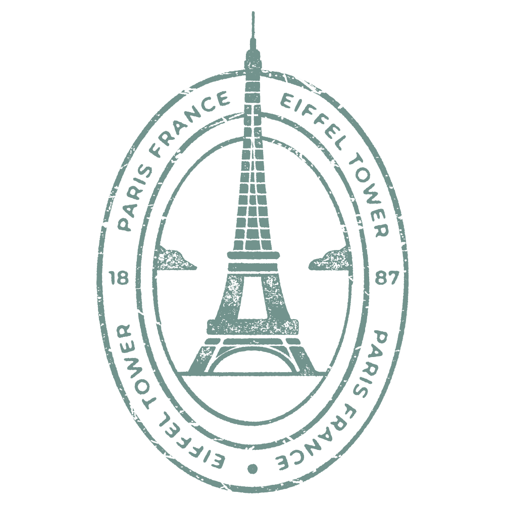 Vintage-style graphic of Eiffel Tower with text "Paris France" and "Eiffel Tower" in an oval border.