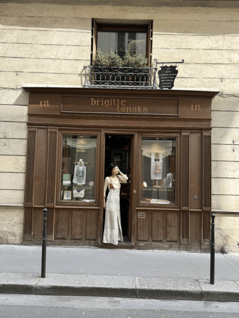 Person in elegant attire stands outside a boutique on a Paris street.