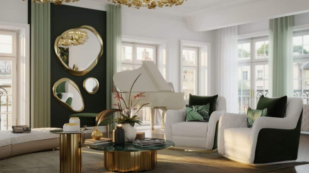 Luxurious Parisian apartment with grand piano, elegant mirrors, plush seating, and large windows.