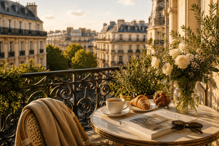 Parisian balcony with view of Haussmann buildings, table set with coffee, croissant, flowers, book, and sunglasses.