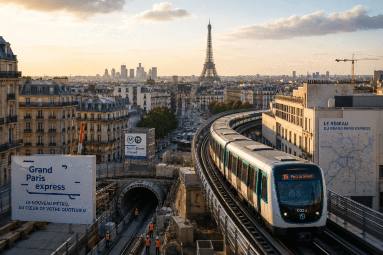 Paris metro construction site with train and Eiffel Tower in background, Haussmann buildings visible. Urban development context.